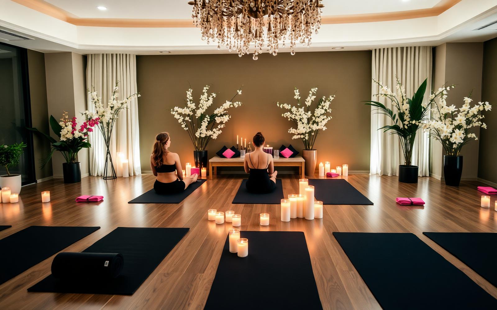 Luxury wellness retreat with candles, florals and yoga mats